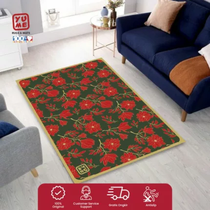 YUME Karpet Lantai / Keset Anti Selip ukuran 100x150 Motif Flowering Red